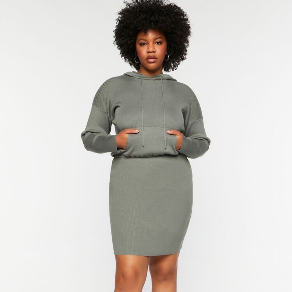 Forever 21 Sage Green Hooded Sweater Knit Dress Size OX